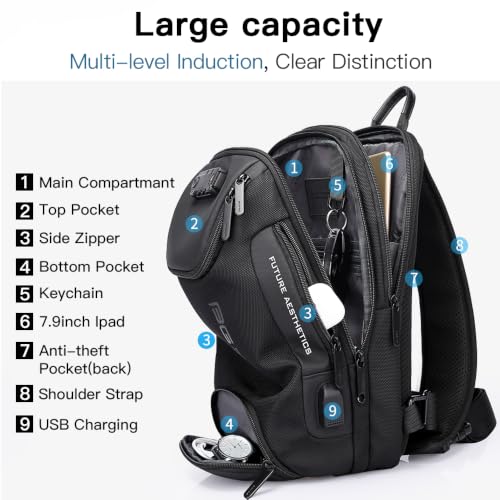BANGE Anti theft Sling Backpack with Lock, Men's Sling Bag for Men, Shoulder Crossbody Backpack with USB Charging Port for Men and Women