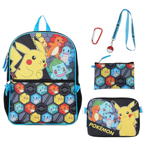 BIOWORLD Boys Pokemon Starters 16" Backpack Five-Piece Set w/Padded Utility Case, Medium Utility Case, Lanyard with Pokeball Charm, and Carabiner (Little Kid/Big Kid) Blue One Size