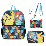 BIOWORLD Boys Pokemon Starters 16" Backpack Five-Piece Set w/Padded Utility Case, Medium Utility Case, Lanyard with Pokeball Charm, and Carabiner (Little Kid/Big Kid) Blue One Size