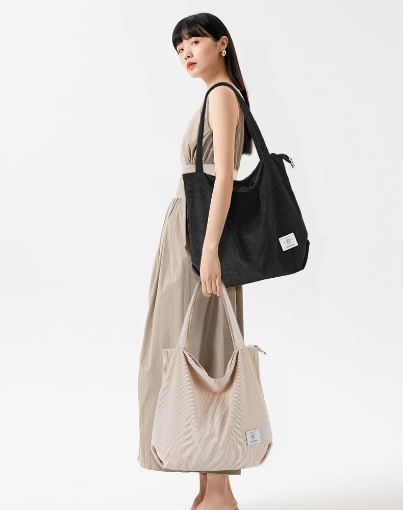 KALIDI Women Corduroy Tote Bag Large Shoulder Bag with Zipper Pockets Big Capacity Casual Handbags Shopping Bag for Girls, Black