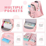 Bevalsa Backpack for Girls, Bow Plaid Bookpack with Bento Lunch Box, Insulated Bag & Utensils, 34oz Lunch Containers School Bags Set for Children Teens Kids Elementary Middle school Student (Pink)