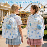 WOBAGMEN Corduroy Backpack for Kids Girls,Cute Aesthetic School Backpack with Multi-Pocket,Lightweight Bookbag Fits 15.6" Laptop,Large Capacity Casual Daypacks for Middle High School College,Blue Bow