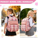 HZWLFA Kids Backpack for Girls,Cute Plaid Backpack,Preppy Bookbag for Elementary & Middle School Students,Large Capacity School Bag,17 Inch,Pink