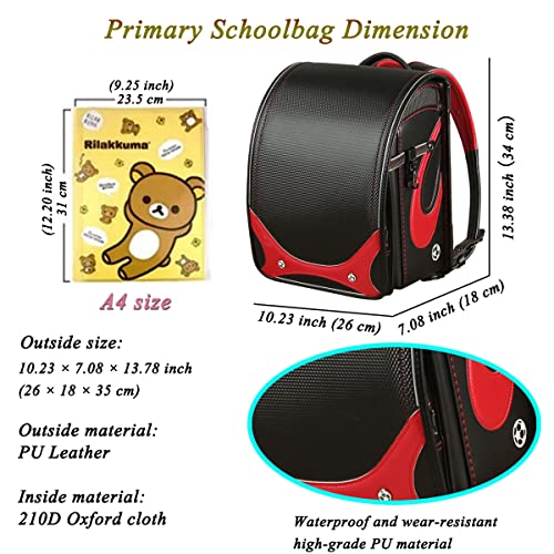 Star-Wind Randoseru Ransel backpack automatic Japanese school bag boys girls leather light weight Rain Cover(Black*Red)