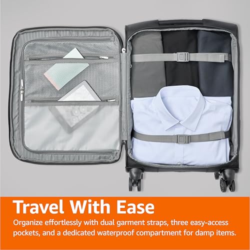 Amazon Basics 17" Carry-On Softside Luggage Suitcase with TSA Lock, 8 Spinner Wheels, Front Exterior Pocket, 3 Interior Pockets, Sturdy Telescoping Handle, Black