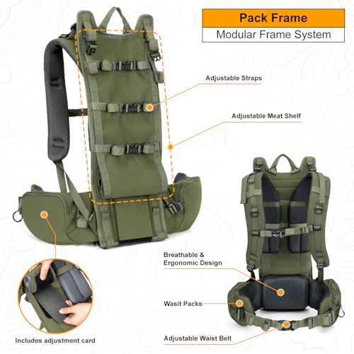 MOXULE Hunting Backpack Frame - Lightweight Aluminum Pack Frame for Backpacking, Hiking, Meat-Hauling, Large Load Hunting Green
