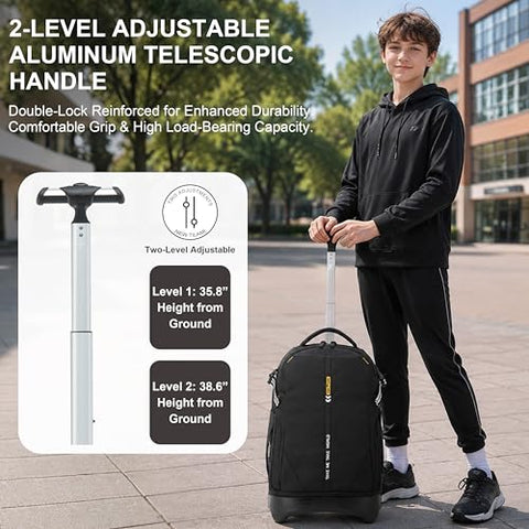 NEW TILAMI 18 Inch Expandable Rolling Backpack with 6-Wheel Stair Climbing, Waterproof Wheeled School Bag with 15.6" Laptop Sleeve for Boys Girls, Carry-on Luggage 98cm Dual-Height Handle - Black