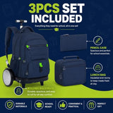 CCJPX 3Pcs Men & Boys Rolling Backpack with Bigger Wheels, Extra-Large Wheeled Bookbag with Lunch Box, Water Resistant Roller Luggage for Travel, Work, College (Blue)