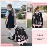 ACESAK Rolling Backpack for Girls Teens, Y3K Aesthetic School Backpack Set for Daypack and Travel, Wheeled Bookbag with USB Charging Port for Elementary Middle High School College Students(Pink)