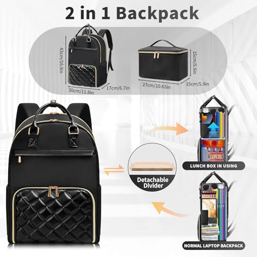 Jetviivid Lunch Backpack, 15.6 Inch Laptop Backpack with Insulated Cooler Lunch box, Womens Work Backpack for Business Teacher Nurse Travel Commuter College Daily, Black
