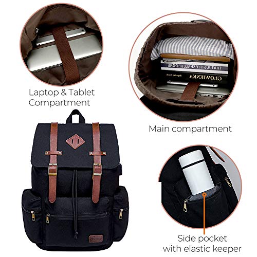 Modoker Eco-Friendly Mens Canvas Vintage Backpack for Men,Women, Travel Laptop Backpack Fits 17/15.6 Inch Computer & Tablet, Large Bookbag Rucksack Backpack with USB Charging Port, Black