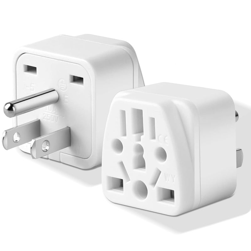 2 Pack US Travel Plug Adapter, 3 Prong Grounded USA Wall Plug Wall Outlet Power Charger Converter (White)