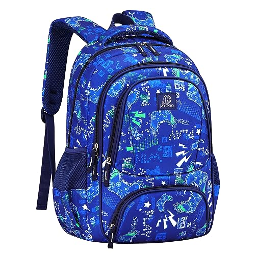 MYGOO Boys School Backpack Doubleday Gamer Blue Bookbag for Elementary Middle School Ages 5-12, 17 inch Large Capacity 24L Kids Student Travel Bags