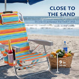 Compact Portable Beach Chairs for Adults 2 Pack, 5-Position Aluminum Lay Flat Backpack Beach Chair, Low Beach Chair with Cooler Pouch, Storage Pouch, Towel Bar, Cup Holder, Rainbow Stripe 2 Pack