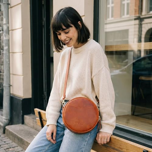 S-ZONE Leather Crossbody Bags for Women Trendy Circle Cross Body Shoulder Bag Designer Round Purses