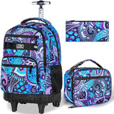 gxtvo Rolling Backpack for Women, Adults Wheeled Bookbag with Lunch Box for Girls, Water Resistant Roller School Bag for College Teens Kids Travel - Purple Flower