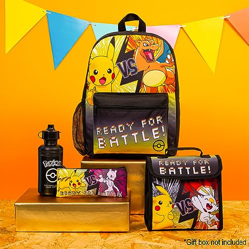Pokemon Backpack Set 4 Pcs for Kids with Backpack Water Bottle Pencil Case and Insulated Lunch Bag or Wallet Anime School Supplies Gifts for Kids (Black/Yellow 4 Pcs Set)