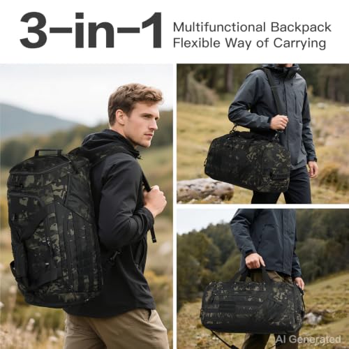 3-in-1 Tactical Gym & Travel Duffle Bag Backpack Men Multi-Functional 45L Military Sports Duffle Bag with Shoe Compartment & Wet Pocket for Workout Weekender Overnight Bag with Molle Webbing, Camo