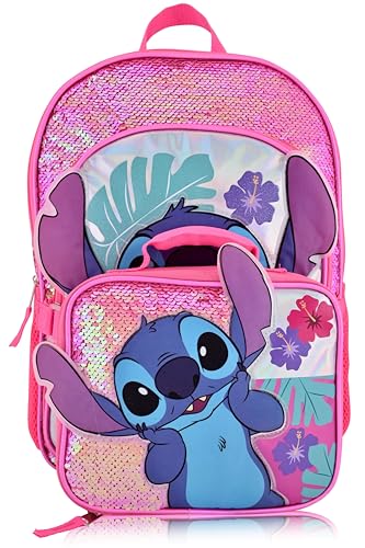 Disney Lilo and Stitch Backpack With Lunch Box for Girls with Glitter | Sequined Insulated Lunch Bag Lunch Box for Girls, Boys, Toddlers | Stitch Pink Backpack for School and Reusable Lunchbox