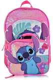 Disney Lilo and Stitch Backpack With Lunch Box for Girls with Glitter | Sequined Insulated Lunch Bag Lunch Box for Girls, Boys, Toddlers | Stitch Pink Backpack for School and Reusable Lunchbox