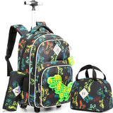 Meetbelify Rolling Backpack for Boys with Lunch Box Set Dinosaur Backpack with Wheels Kids Travel Suitcase Laptop Luggage for Boys Age 6-8