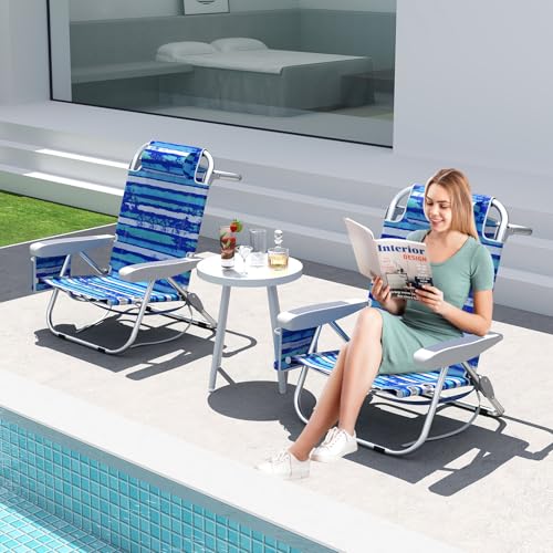 Giantex Backpack Beach Chair, Foldable Camping Chair with 5 Adjustable Position, Cup Holder, Storage Pockets, Straps, Towel Rack, Pillow, Lay Flat Lawn Chair for Patio Outdoor, Blue Stripe