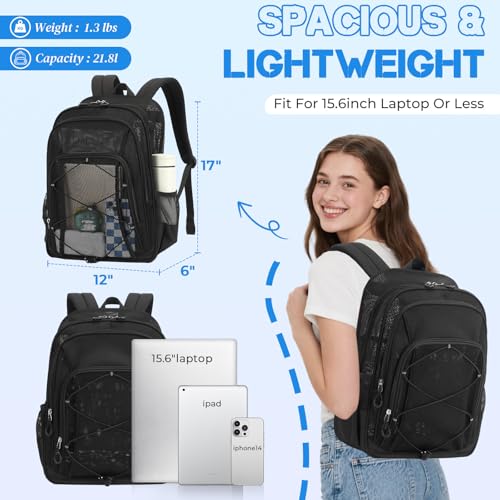 Sisipoet Mesh Backpack, Heavy Duty Mesh Bookbag for Girls Boys Kids, See Through Clear Backpacks, Net Backpack Transparent Breathable for School Beach Swim Travel Outdoor, Black
