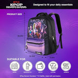 AI ACCESSORY INNOVATIONS K-Pop Demon Hunters Huntrix 16” Backpack for Girls, Featuring Rumi, Zoey, Mira, Rubber Molded Bag Charm, Huntrix