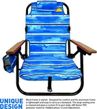 EasyGo Product Backpack Beach Chair 5 Positions and Cup Holder Pouch on Side Padded Pillow Storage Bag on Back Lightweight Rustproof Aluminum Black Frame - 1 Pack Beach Blue