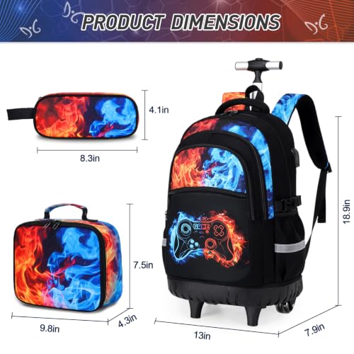 DIGOBAY Rolling Backpack for Boys, 3PCS Luminous Gamer Roller Backpack Set