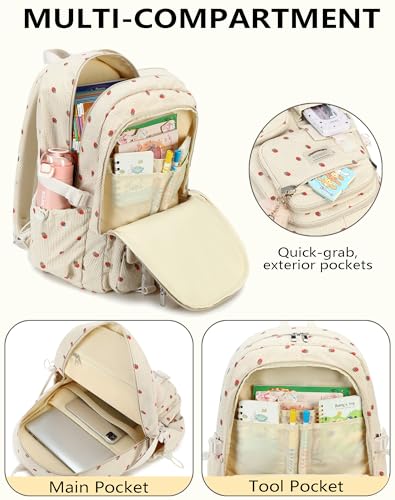 QHRIDS Backpack for Girls Big Student Corduroy Laptop Backpack for College Kids Elementary Middle High School Bag Anti Theft Bookbag Travel Daypack Womens(Corduroy Beige Strawberries)