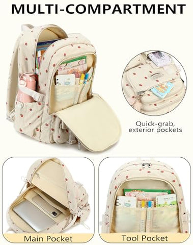 QHRIDS Backpack for Girls Big Student Corduroy Laptop Backpack for College Kids Elementary Middle High School Bag Anti Theft Bookbag Travel Daypack Womens(Corduroy Beige Strawberries)
