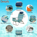 ALPOME Aluminum Backpack Low Profile Beach Chair - 5-Position Lay Flat Reclining Folding Chair with Removable Cooler Bag - Heavy Duty 330 lbs Capacity, Lightweight Portable Sand Seat - Striped Green