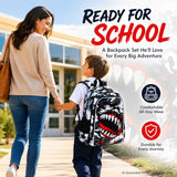 FTJCF 3Pcs Backpack for Boys, 16" Shark Kids Bookbag with Lunch Box, School Backpacks for Elementary Preschool Kindergarten (Black)