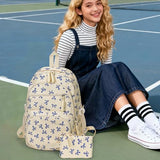 Bow Backpack for Women Kawaii Coquette Nylon Backpack 3Pcs Set Cute College Laptop Rucksack Fashion Travel Daypack (White Blue)