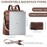 VASCHY Backpack Purse for Women, Large Vegan Leather Backpack Purse with Wallet Pouch Set Convertible Handbag for Ladies Guitar Strap Brown