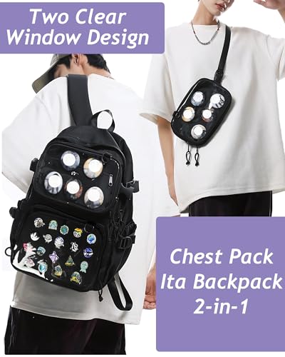 VOUSXLLEZ Ita Bag Backpack Double Window Pins Bag with insert, Backpack for Cosplay and Concert(Pins NOT Included) (Black)