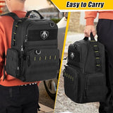 Rexmica Tool Bag Backpack for Men with 3 Tool Pouches, Heavy-Duty Tool Storage Organizer Bag with Padded Shoulder & Waist Support, Tactical Work Tool Bag for Electrician, Repairman, HVAC Techs, Black