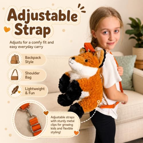 Tezituor 13 Inch Fox Plush Backpack, Stuffed Animal Backpack with 3 Baby Foxes, Cute Fox Plush Shoulder Bag with Adjustable Strap for Kids, Girls, Gifts