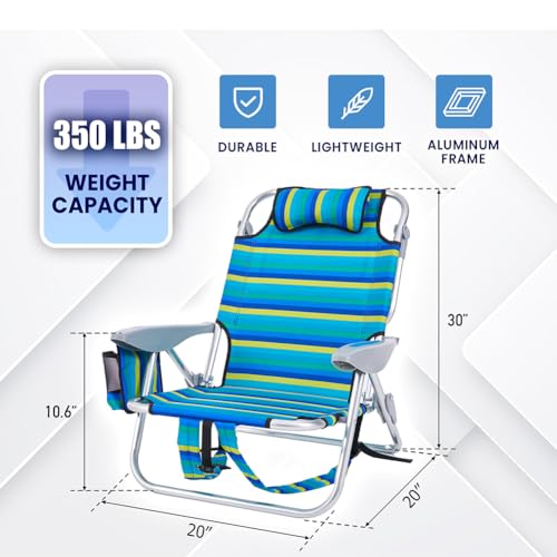 Canpsky Portable Recliners Chair for Adults, Outdoor Camping Chair Lay Flat Folding Backpack Reclining Chair with 5 Positions, Headrest, Zipper Pouch, Cup Holder, NEW Srtiped