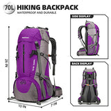 King'sGuard 70L Hiking Backpack with Rain Cover Lightweight Waterproof Travel Camping Backpack Large Backpacking Pack for Men and Women (Purple)
