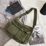Workwear Canvas Shoulder Bag Large Capacity Retro Messenger Bag New Student Class Messenger Bag (GREEN)