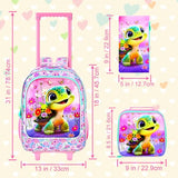 AGSDON 3PCS Kids Rolling Backpack, Girls Roller Wheels Bookbag, Wheeled Elementary School Bag with Lunch Bag - Turtle