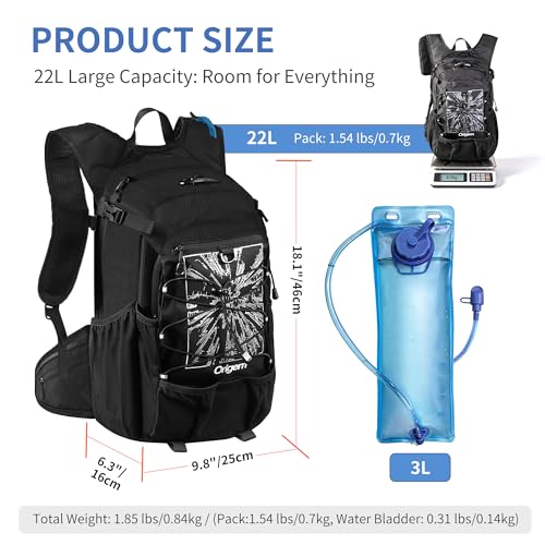 Origem Hydration Backpack 22L with Rain Cover & 3L Water Bladder, Water-Resistant Hiking Backpack for Cycling, Trekking (#01 Black, 22L)