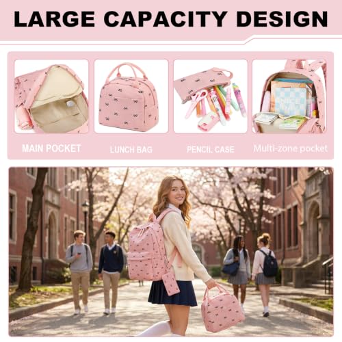 LEDAOU Kids Backpack for Girls Backpacks with Lunch Box, Lightweight Bookbag Set Elementary Middle School Back pack for 8-14 (Bow pink backpack)