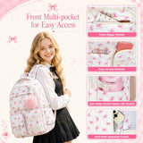 shiprabags Quilted Backpack for Teen Girls, Cute Pink Bow School Backpack with Multi-Pocket Design, Lightweight Cotton Bookbag Fits 15.6" Laptop, Large Capacity Aesthetic Backpack with Plush Charm