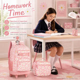 AGSDON Rolling Backpack for Girls, Women Roller Wheels Bookbag, Laptop Daisy Wheeled School Bag with Wheels for Teens