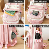 WEGUZIX Kawaii 5PCS Backpack Set for Teen Girls with Cute Bear Accessories - Aesthetic School Bookbag Back to School Supplies, A-Pink