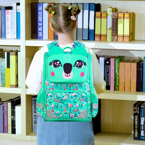 3PCS Bookbag for Girls, Sequin Backpack with Lunch Box, 15" Kids Preschool School Bag for Elementary Toddler Students - Green Koala