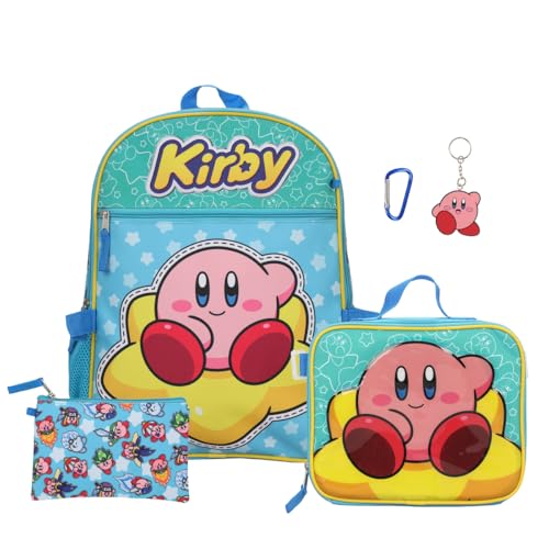 Bioworld Kirby 5-Piece Set: 16 Backpack, Lunchbox, Utility Case, Rubber Keychain, and Carabiner
